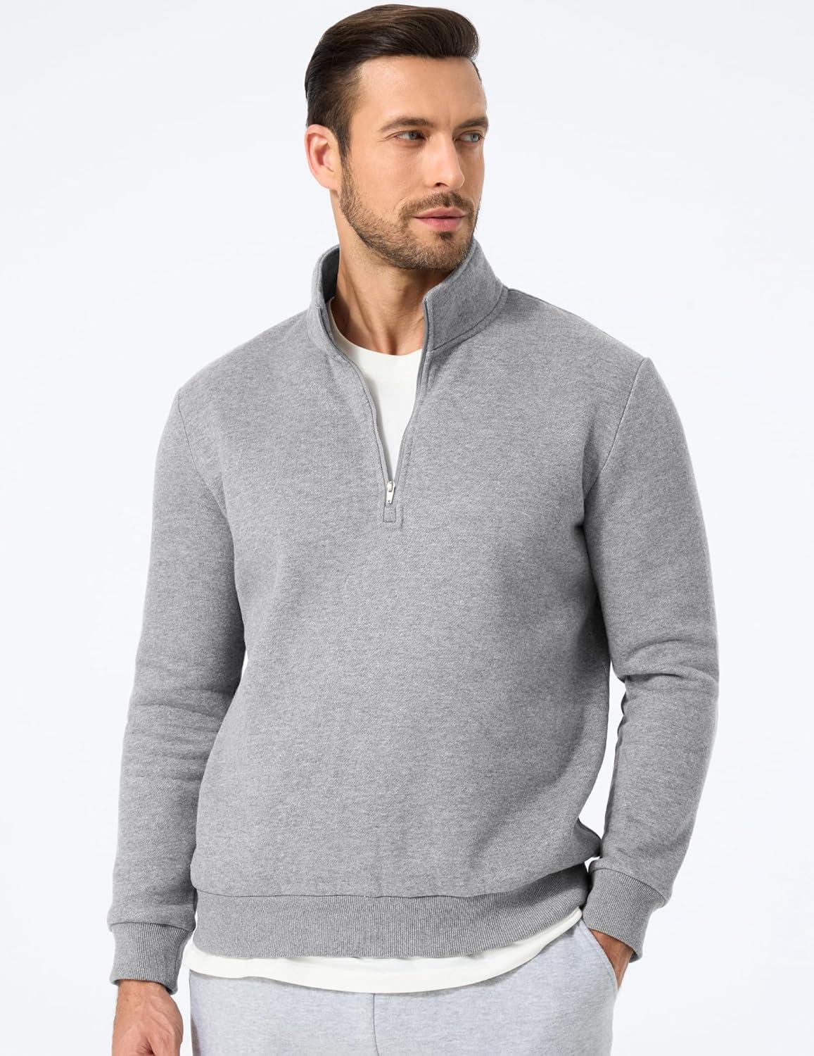 imageJMIERR Mens Quarter Zip Pullover Polo Sweater Mock Neck Long Sleeve Lightweight Fleece SweatshirtsLight Grey