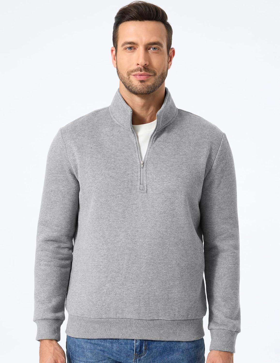 imageJMIERR Mens Quarter Zip Pullover Polo Sweater Mock Neck Long Sleeve Lightweight Fleece SweatshirtsLight Grey