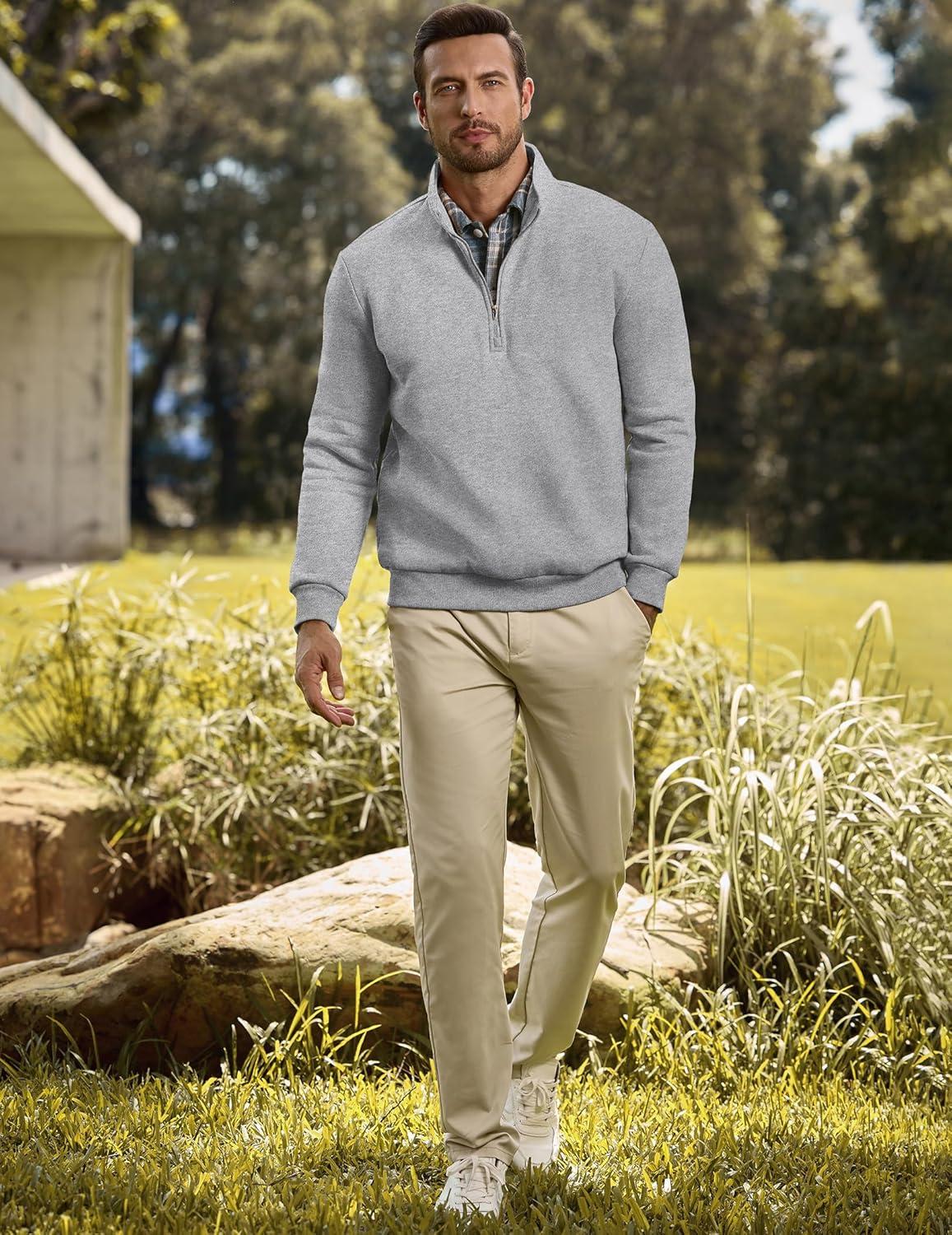 imageJMIERR Mens Quarter Zip Pullover Polo Sweater Mock Neck Long Sleeve Lightweight Fleece SweatshirtsLight Grey