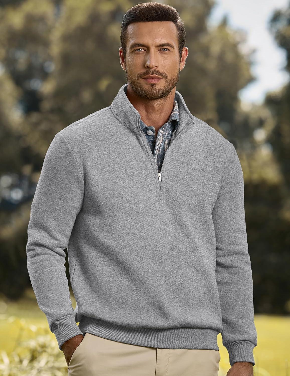 imageJMIERR Mens Quarter Zip Pullover Polo Sweater Mock Neck Long Sleeve Lightweight Fleece SweatshirtsLight Grey