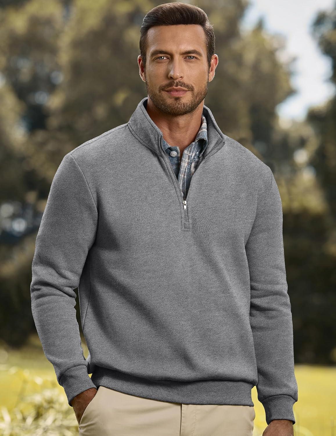 imageJMIERR Mens Quarter Zip Pullover Polo Sweater Mock Neck Long Sleeve Lightweight Fleece SweatshirtsMedium Grey