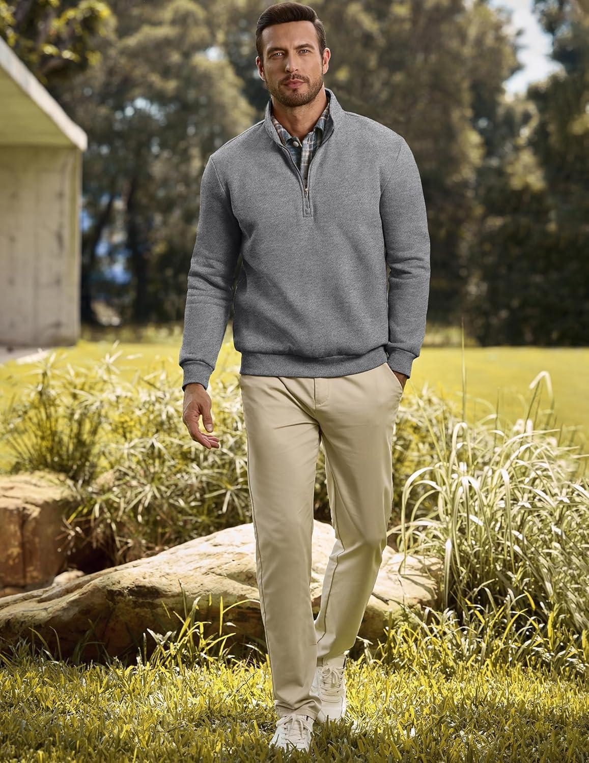 imageJMIERR Mens Quarter Zip Pullover Polo Sweater Mock Neck Long Sleeve Lightweight Fleece SweatshirtsMedium Grey