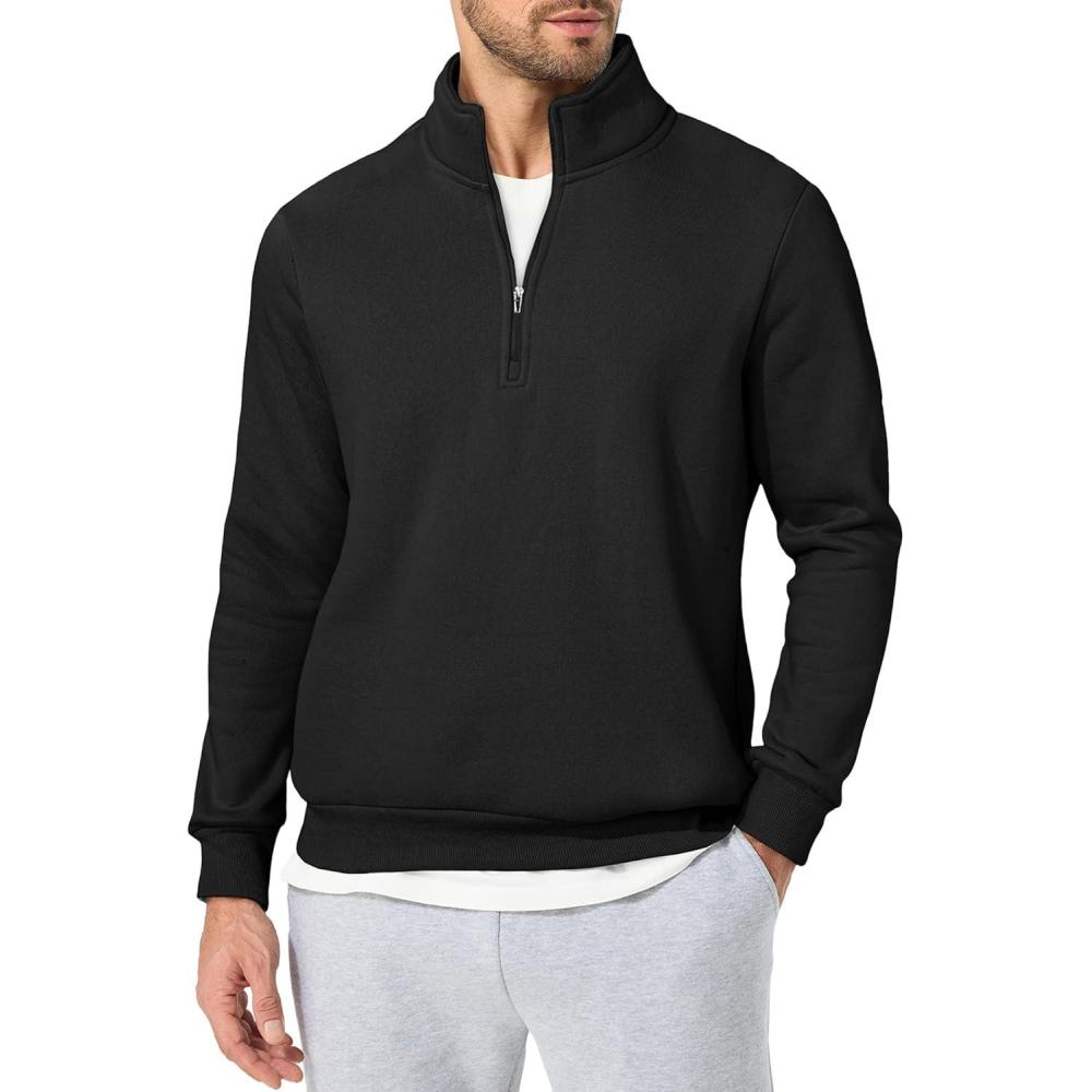 imageJMIERR Mens Quarter Zip Pullover Polo Sweater Mock Neck Long Sleeve Lightweight Fleece SweatshirtsBlack