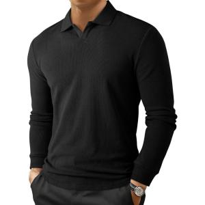 imageJMIERR Mens Casual Buttonless Polo Shirt Long Sleeve V Neck Ribbed Knit Golf ShirtsA Black