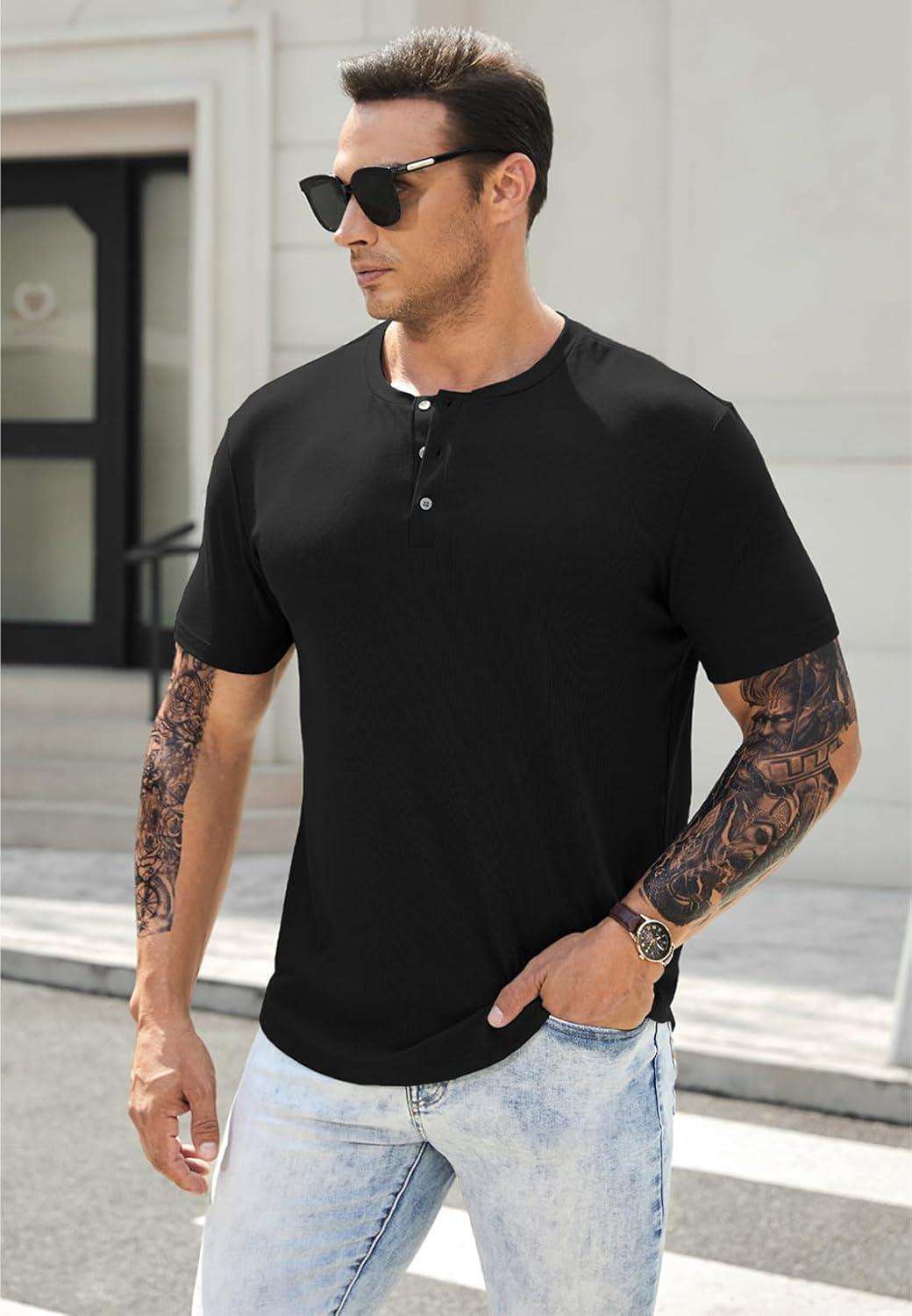 imageJMIERR Mens Muscle Slim Henley Shirts Crewneck Longline TShirt Gym Workout Athletic Shirt Tees with ButtonPackblackBlack