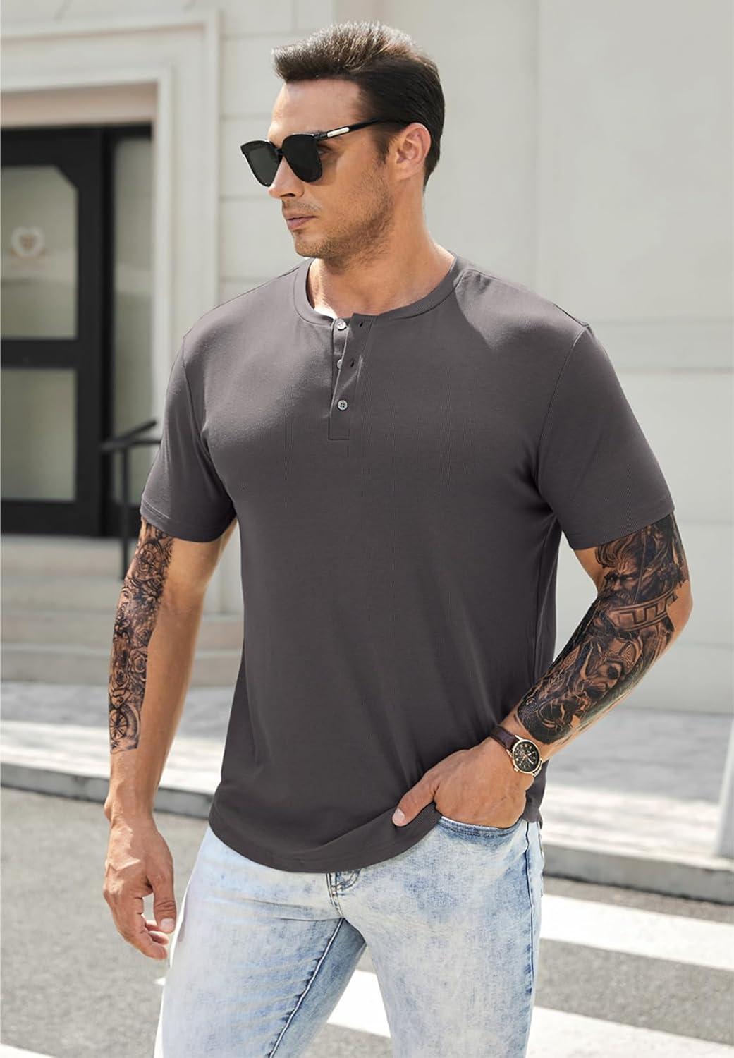 imageJMIERR Mens Muscle Slim Henley Shirts Crewneck Longline TShirt Gym Workout Athletic Shirt Tees with ButtonPackdark GreyBlack
