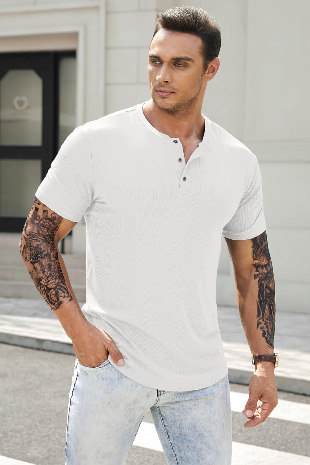 imageJMIERR Mens Muscle Slim Henley Shirts Crewneck Longline TShirt Gym Workout Athletic Shirt Tees with ButtonPackwhiteBlue