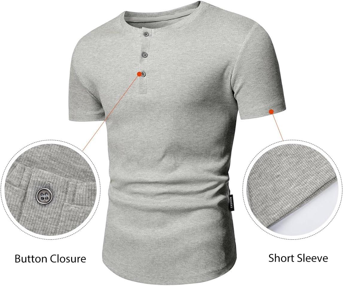 imageJMIERR Mens Muscle Slim Henley Shirts Crewneck Longline TShirt Gym Workout Athletic Shirt Tees with ButtonPackwhiteGrey
