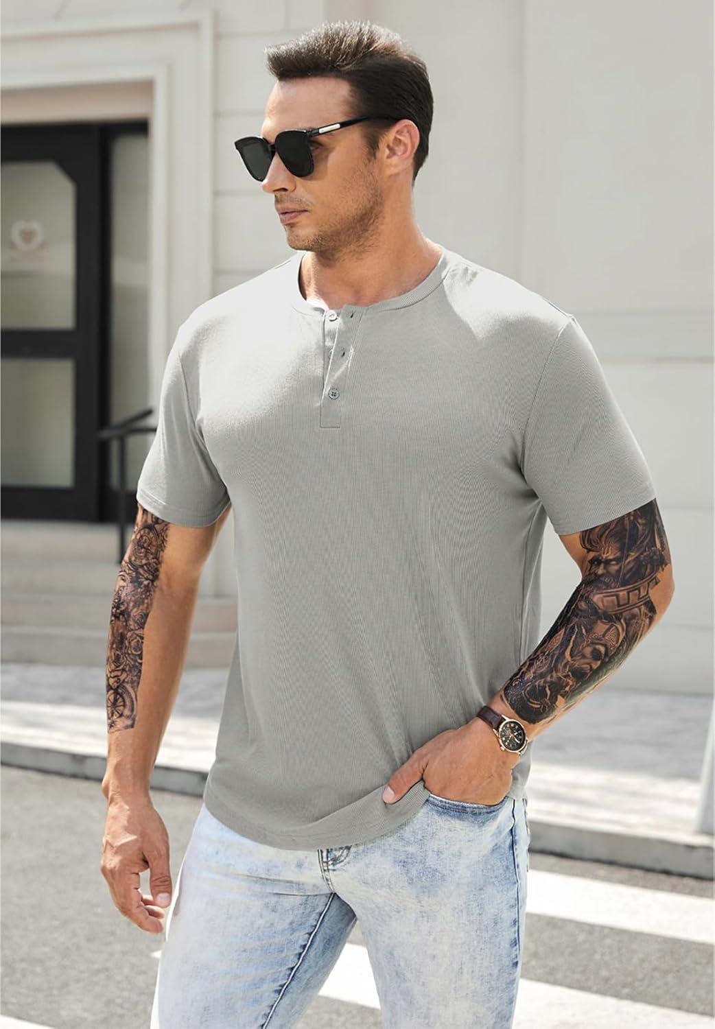 imageJMIERR Mens Muscle Slim Henley Shirts Crewneck Longline TShirt Gym Workout Athletic Shirt Tees with ButtonPackwhiteGrey