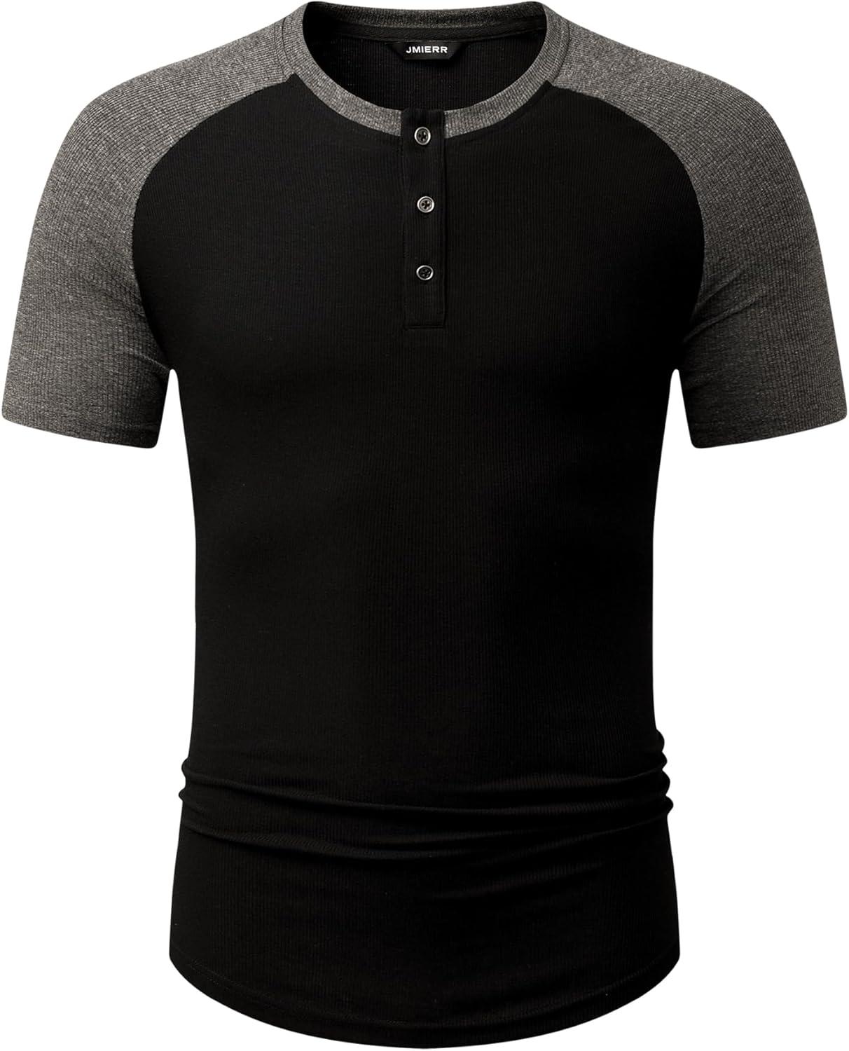 imageJMIERR Mens Muscle Slim Henley Shirts Crewneck Longline TShirt Gym Workout Athletic Shirt Tees with ButtonT Black  Grey
