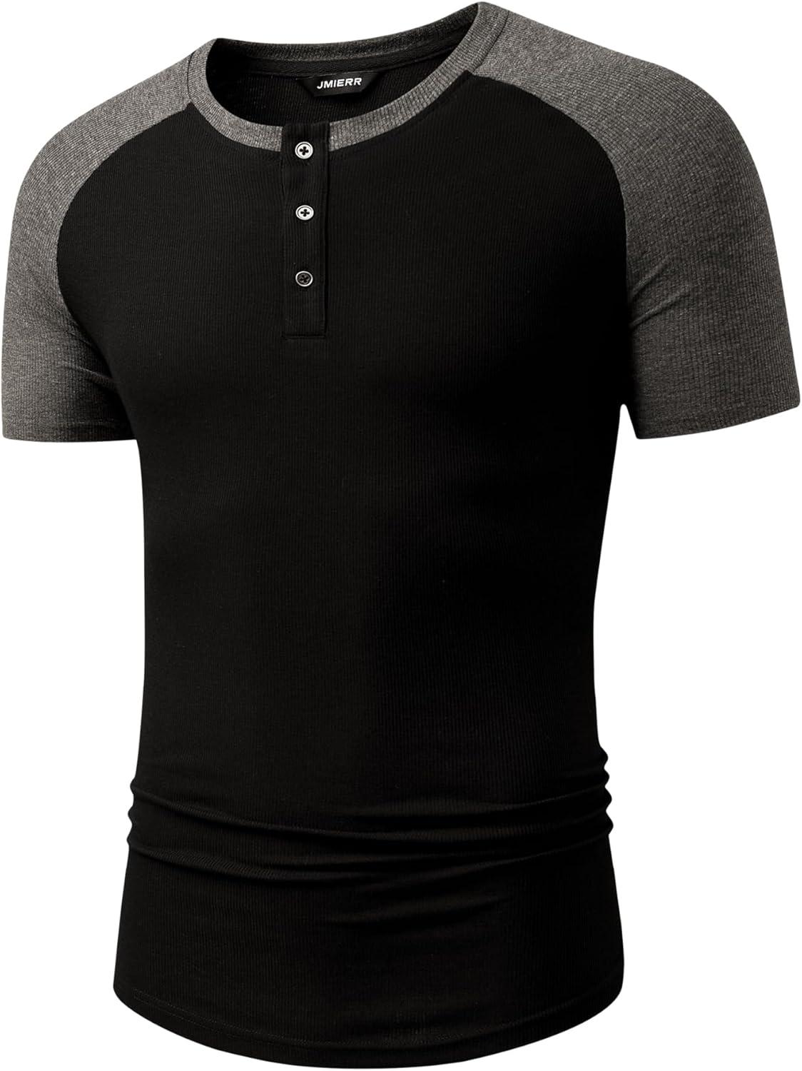 imageJMIERR Mens Muscle Slim Henley Shirts Crewneck Longline TShirt Gym Workout Athletic Shirt Tees with ButtonT Black  Grey