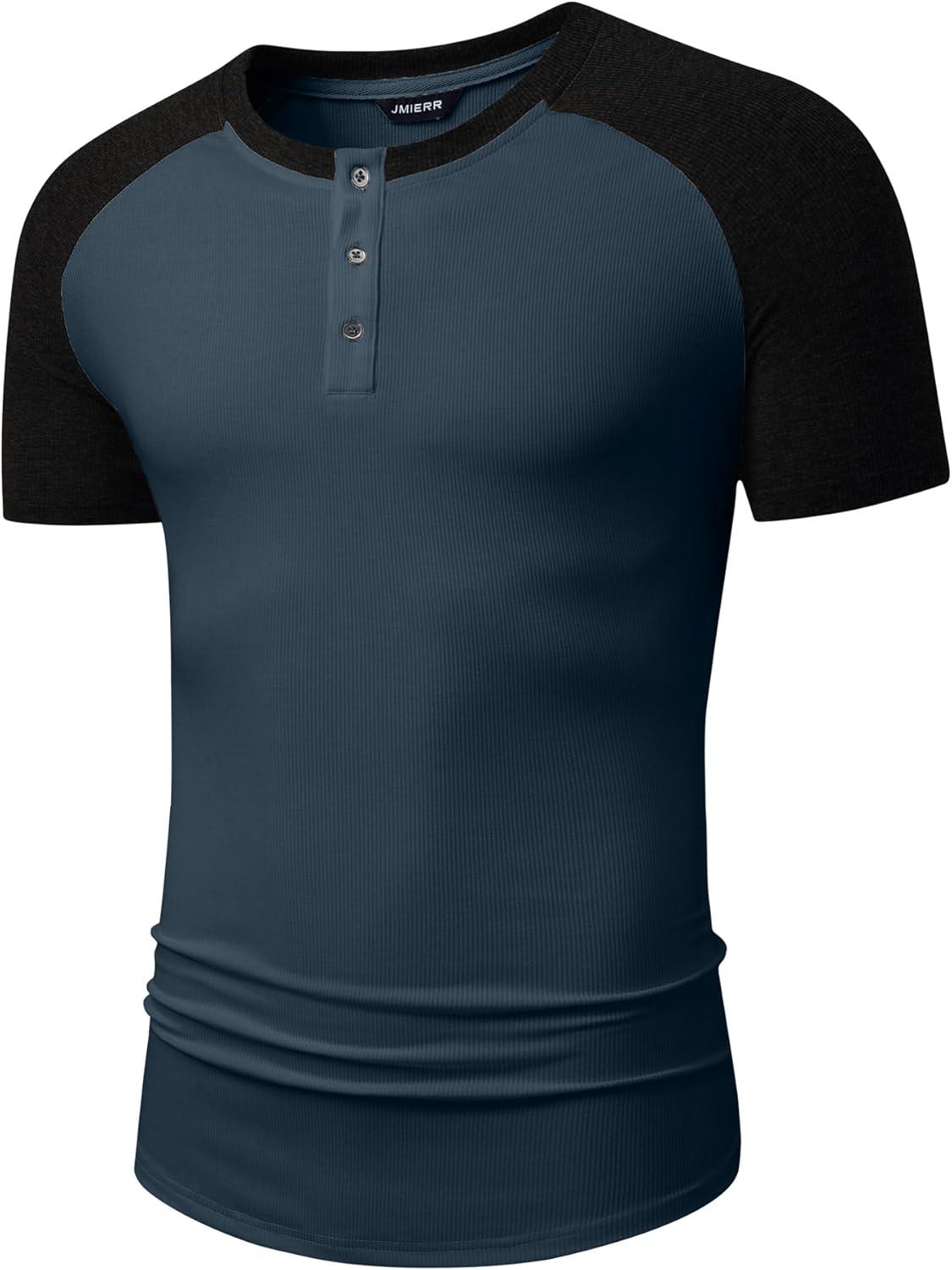 imageJMIERR Mens Muscle Slim Henley Shirts Crewneck Longline TShirt Gym Workout Athletic Shirt Tees with ButtonT Blue  Black
