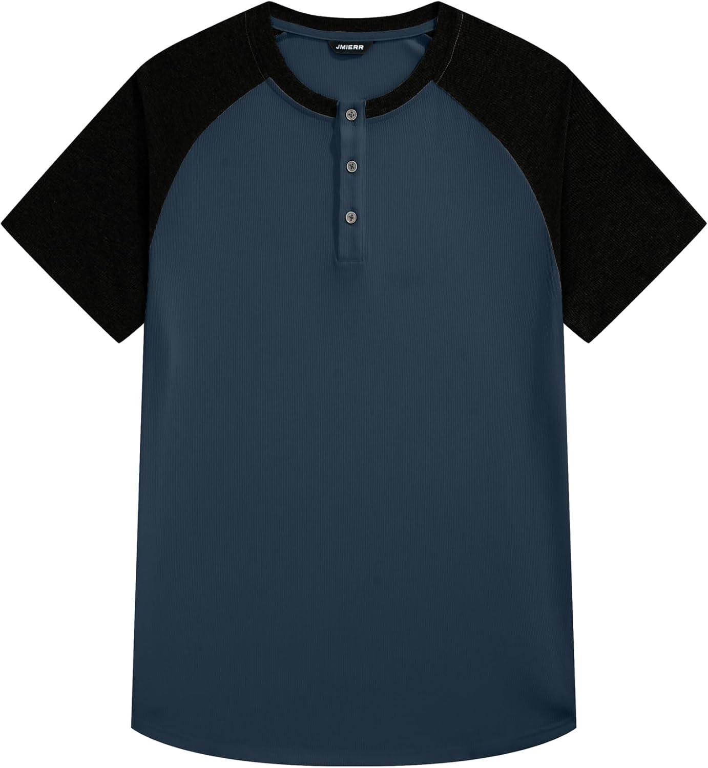 imageJMIERR Mens Muscle Slim Henley Shirts Crewneck Longline TShirt Gym Workout Athletic Shirt Tees with ButtonT Blue  Black