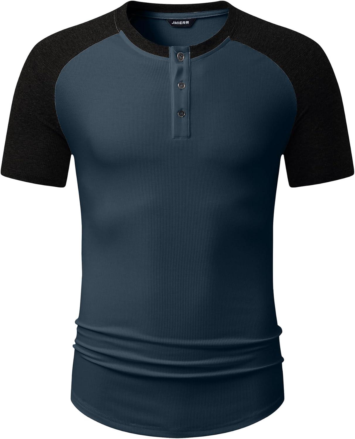 imageJMIERR Mens Muscle Slim Henley Shirts Crewneck Longline TShirt Gym Workout Athletic Shirt Tees with ButtonT Blue  Black