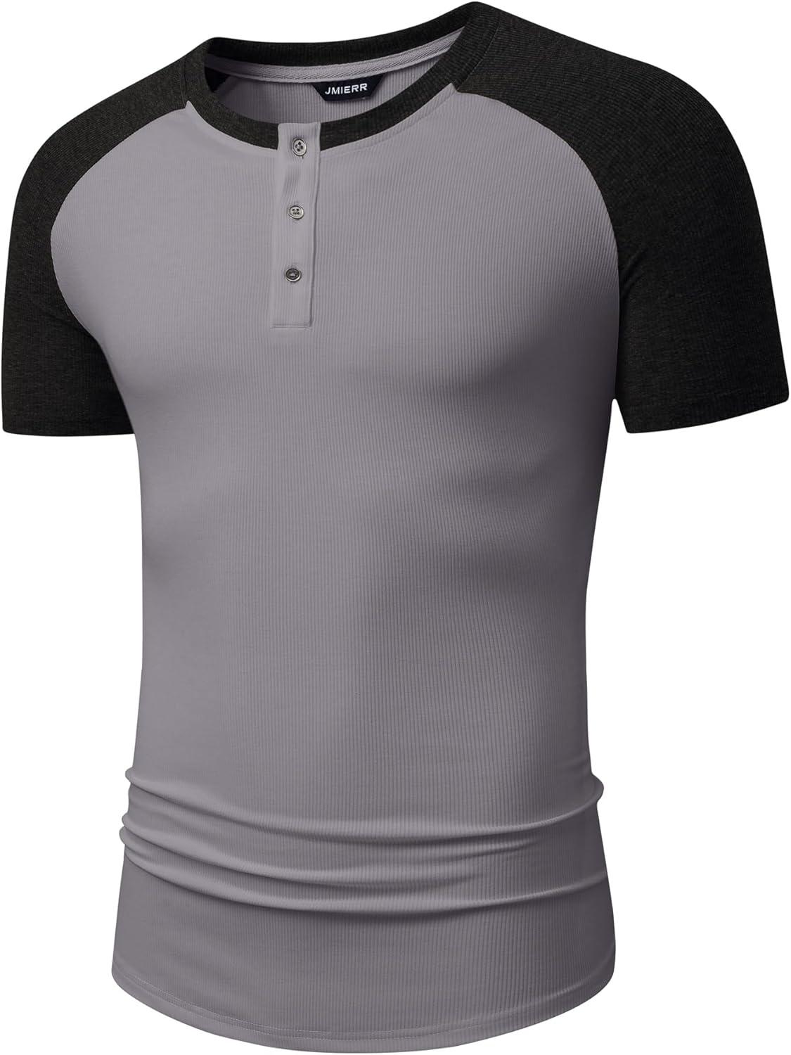 imageJMIERR Mens Muscle Slim Henley Shirts Crewneck Longline TShirt Gym Workout Athletic Shirt Tees with ButtonT Grey  Black