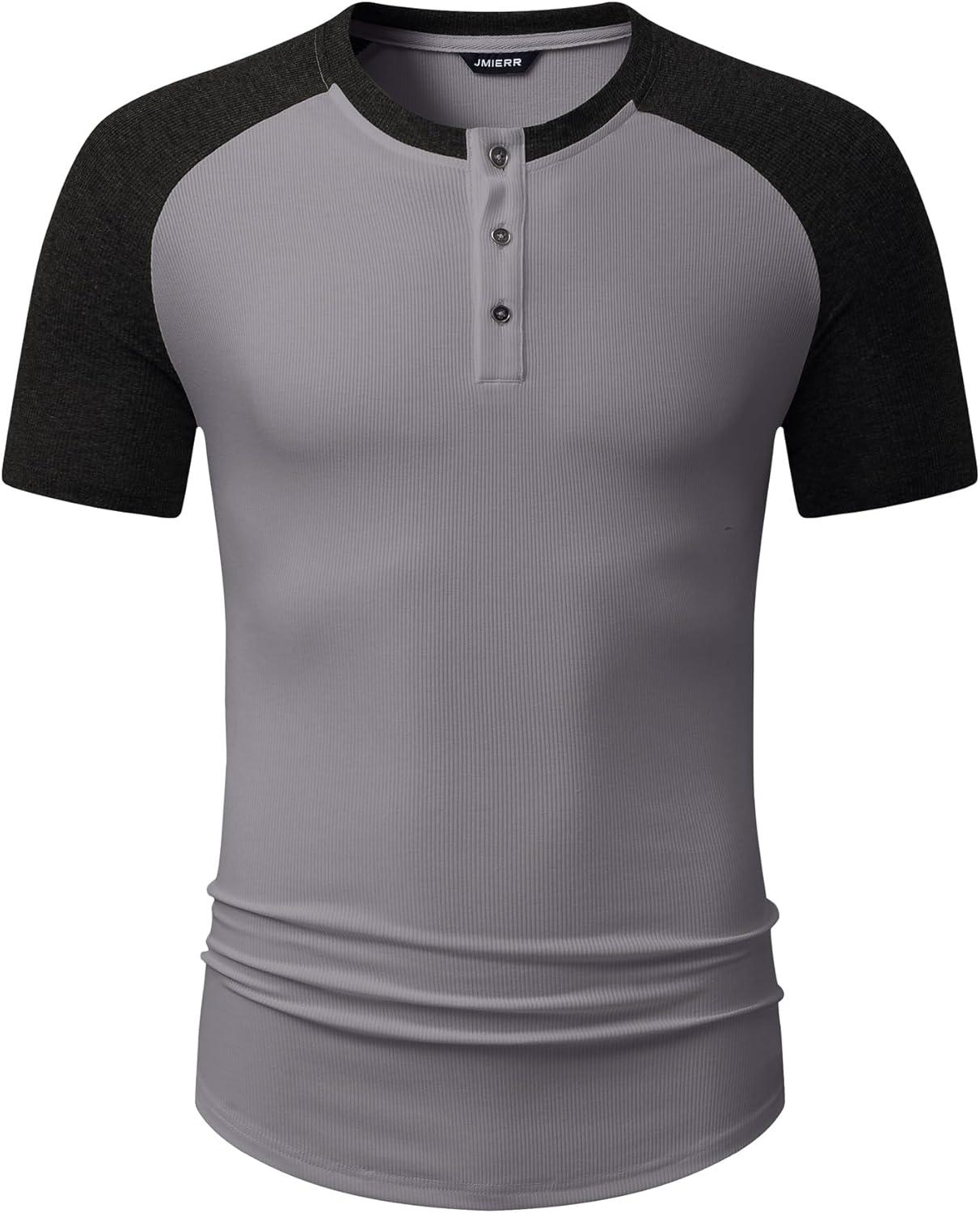 imageJMIERR Mens Muscle Slim Henley Shirts Crewneck Longline TShirt Gym Workout Athletic Shirt Tees with ButtonT Grey  Black