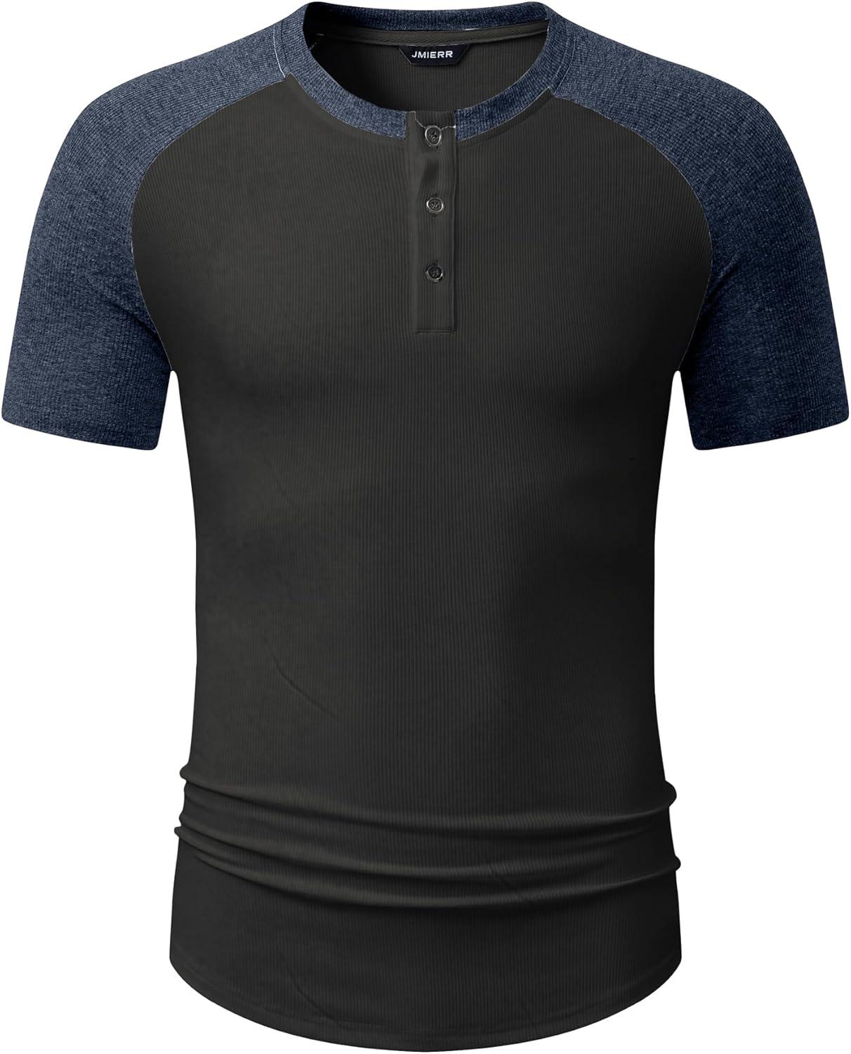 imageJMIERR Mens Muscle Slim Henley Shirts Crewneck Longline TShirt Gym Workout Athletic Shirt Tees with ButtonT Grey  Blue
