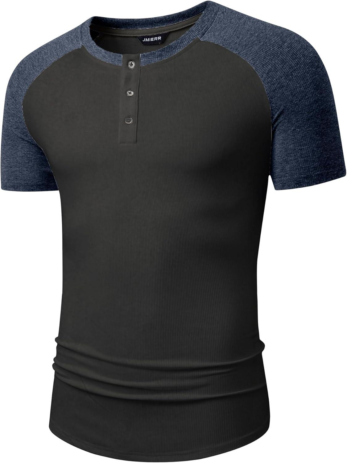 imageJMIERR Mens Muscle Slim Henley Shirts Crewneck Longline TShirt Gym Workout Athletic Shirt Tees with ButtonT Grey  Blue