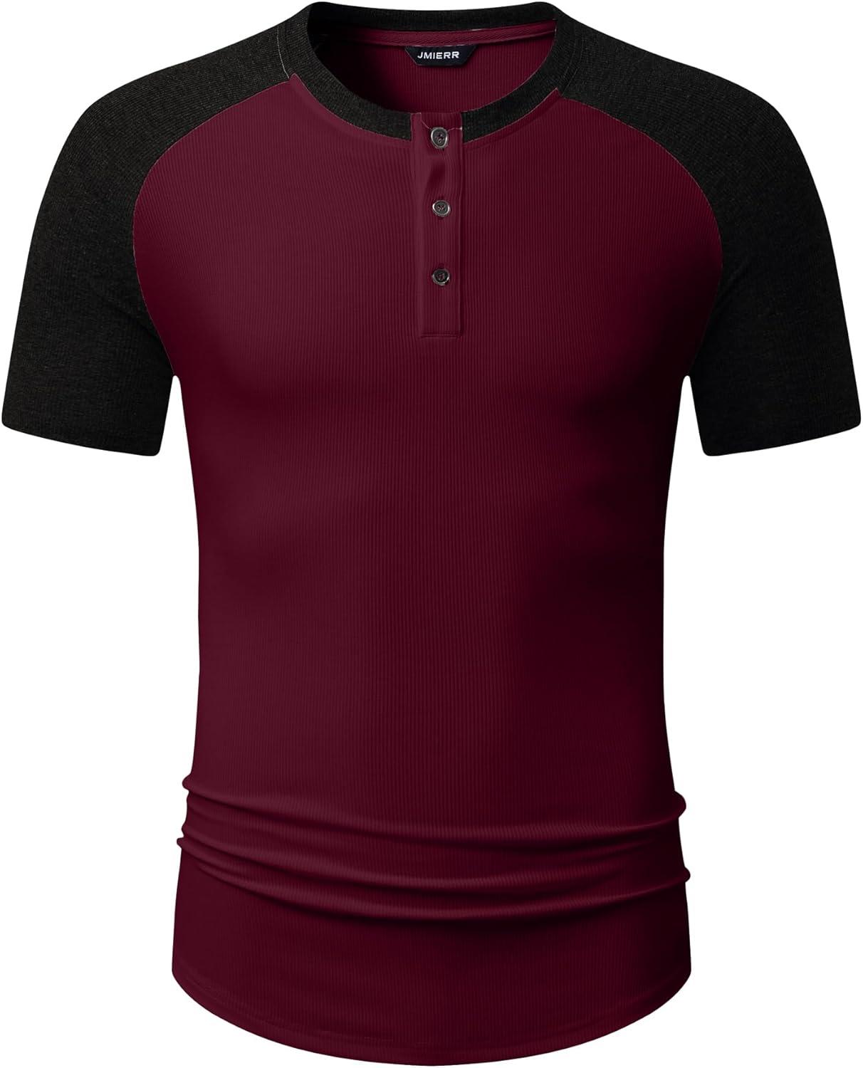 imageJMIERR Mens Muscle Slim Henley Shirts Crewneck Longline TShirt Gym Workout Athletic Shirt Tees with ButtonT Red  Black