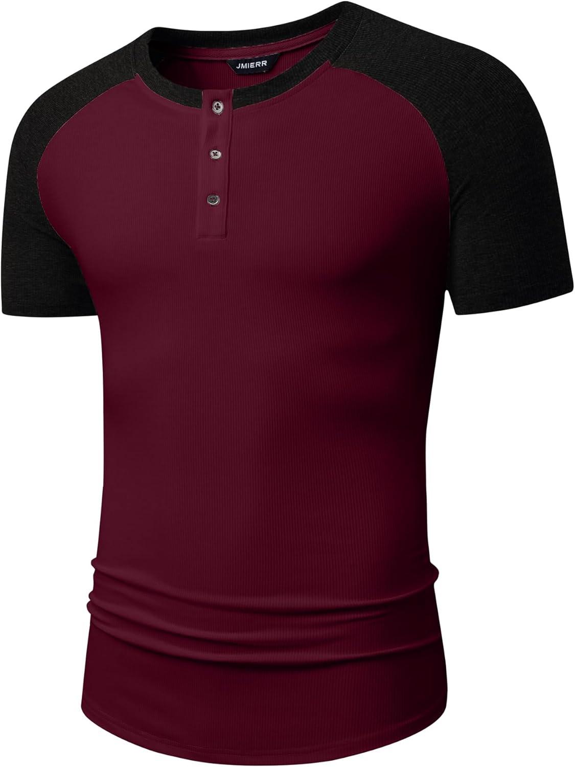 imageJMIERR Mens Muscle Slim Henley Shirts Crewneck Longline TShirt Gym Workout Athletic Shirt Tees with ButtonT Red  Black