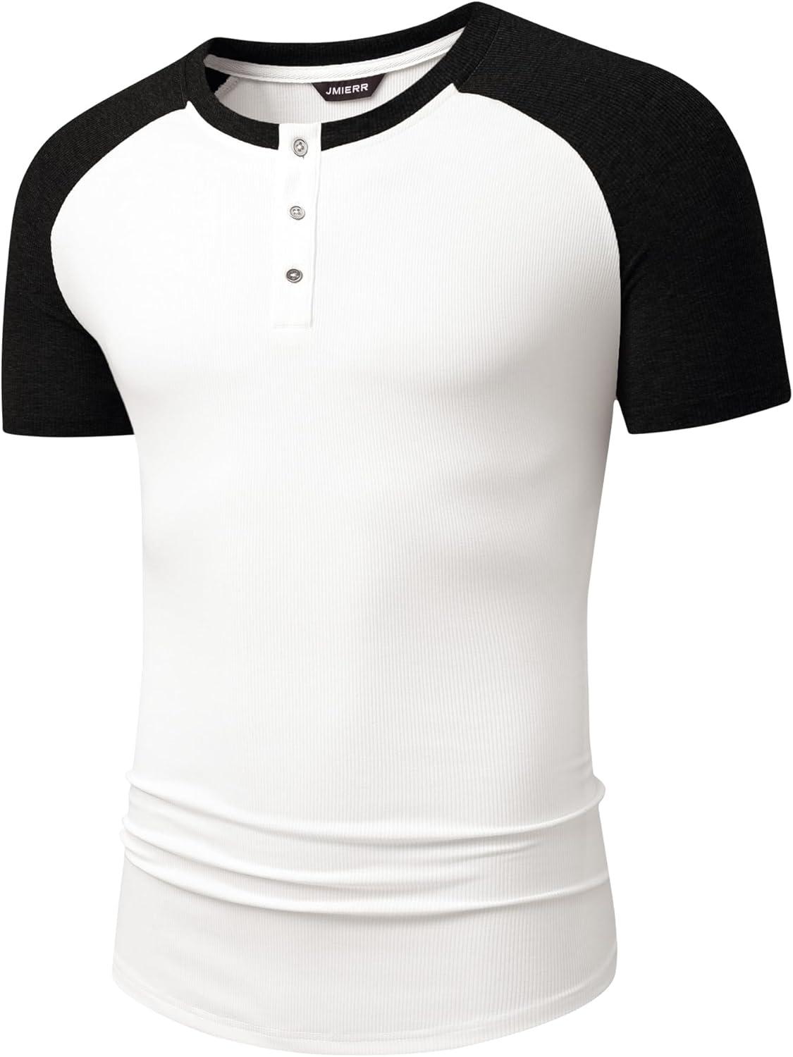 imageJMIERR Mens Muscle Slim Henley Shirts Crewneck Longline TShirt Gym Workout Athletic Shirt Tees with ButtonT White  Black