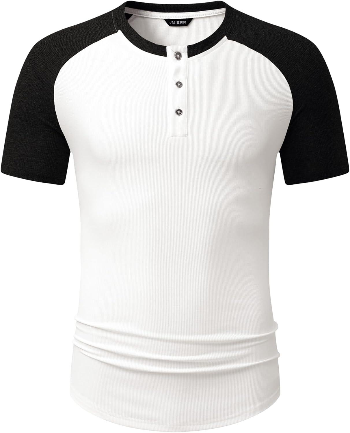 imageJMIERR Mens Muscle Slim Henley Shirts Crewneck Longline TShirt Gym Workout Athletic Shirt Tees with ButtonT White  Black