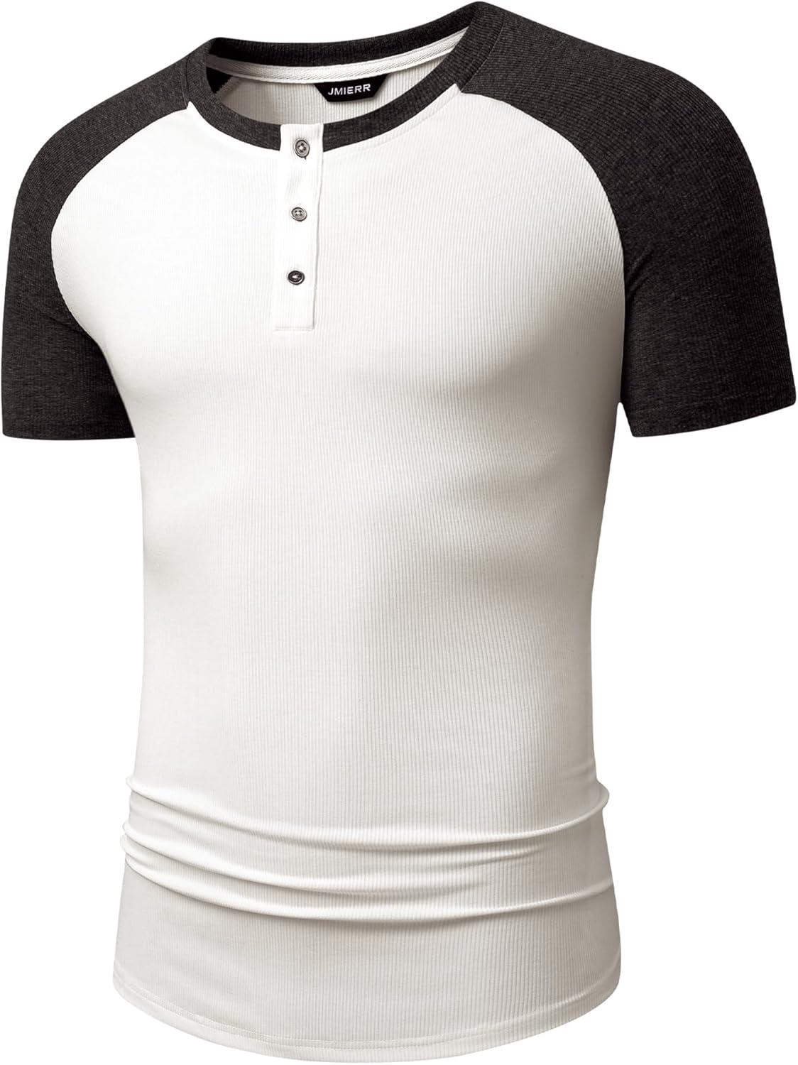imageJMIERR Mens Muscle Slim Henley Shirts Crewneck Longline TShirt Gym Workout Athletic Shirt Tees with ButtonT White  Grey