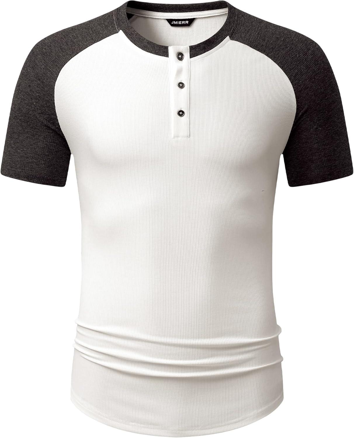 imageJMIERR Mens Muscle Slim Henley Shirts Crewneck Longline TShirt Gym Workout Athletic Shirt Tees with ButtonT White  Grey