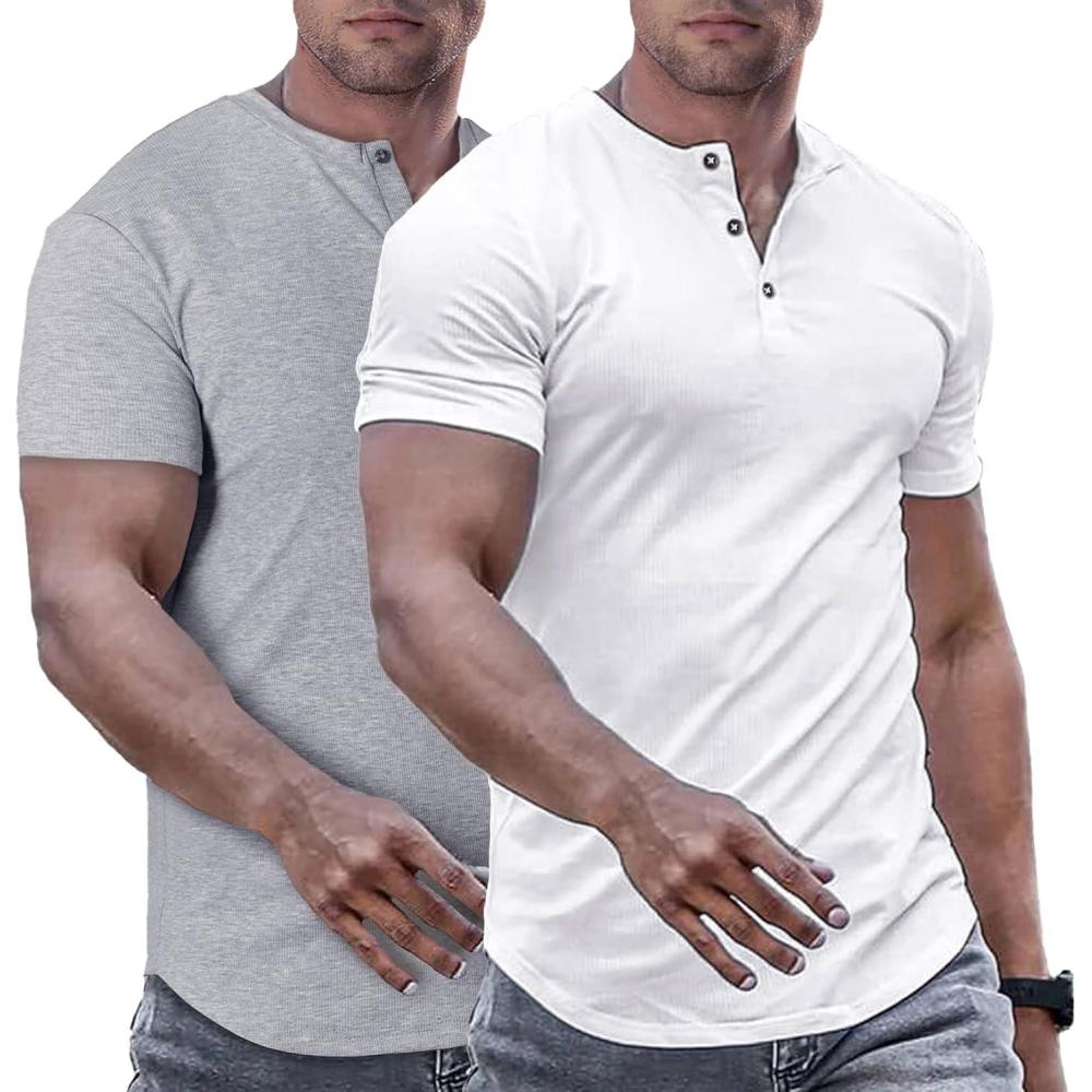 imageJMIERR Mens Muscle Slim Henley Shirts Crewneck Longline TShirt Gym Workout Athletic Shirt Tees with ButtonPackwhiteGrey