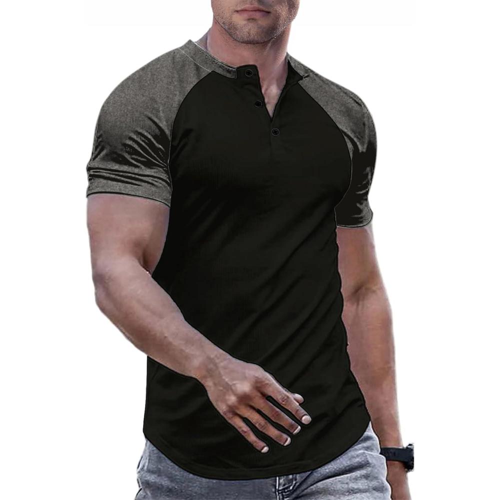 imageJMIERR Mens Muscle Slim Henley Shirts Crewneck Longline TShirt Gym Workout Athletic Shirt Tees with ButtonT Black  Grey