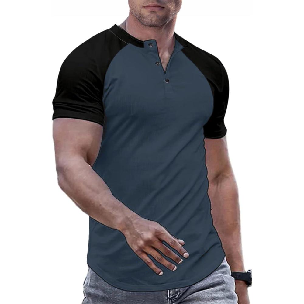 imageJMIERR Mens Muscle Slim Henley Shirts Crewneck Longline TShirt Gym Workout Athletic Shirt Tees with ButtonT Blue  Black