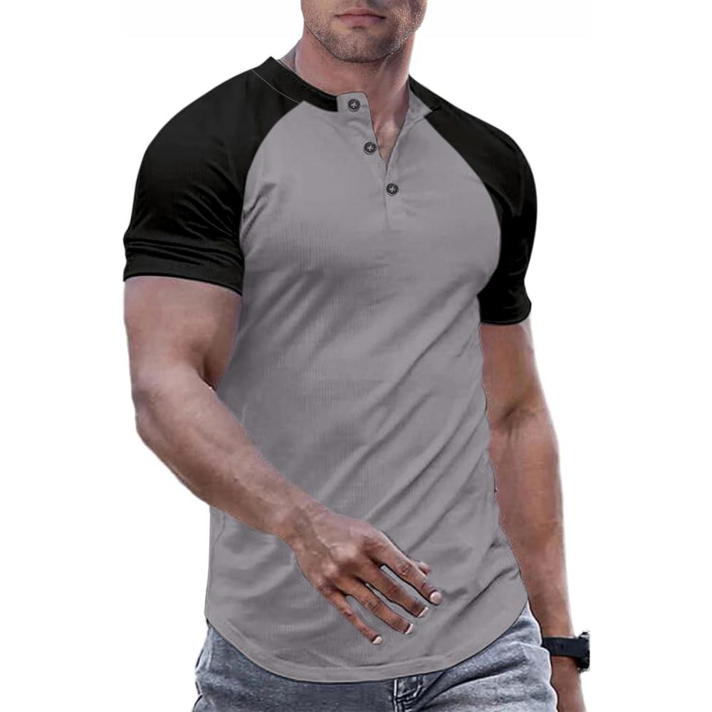 imageJMIERR Mens Muscle Slim Henley Shirts Crewneck Longline TShirt Gym Workout Athletic Shirt Tees with ButtonT Grey  Black