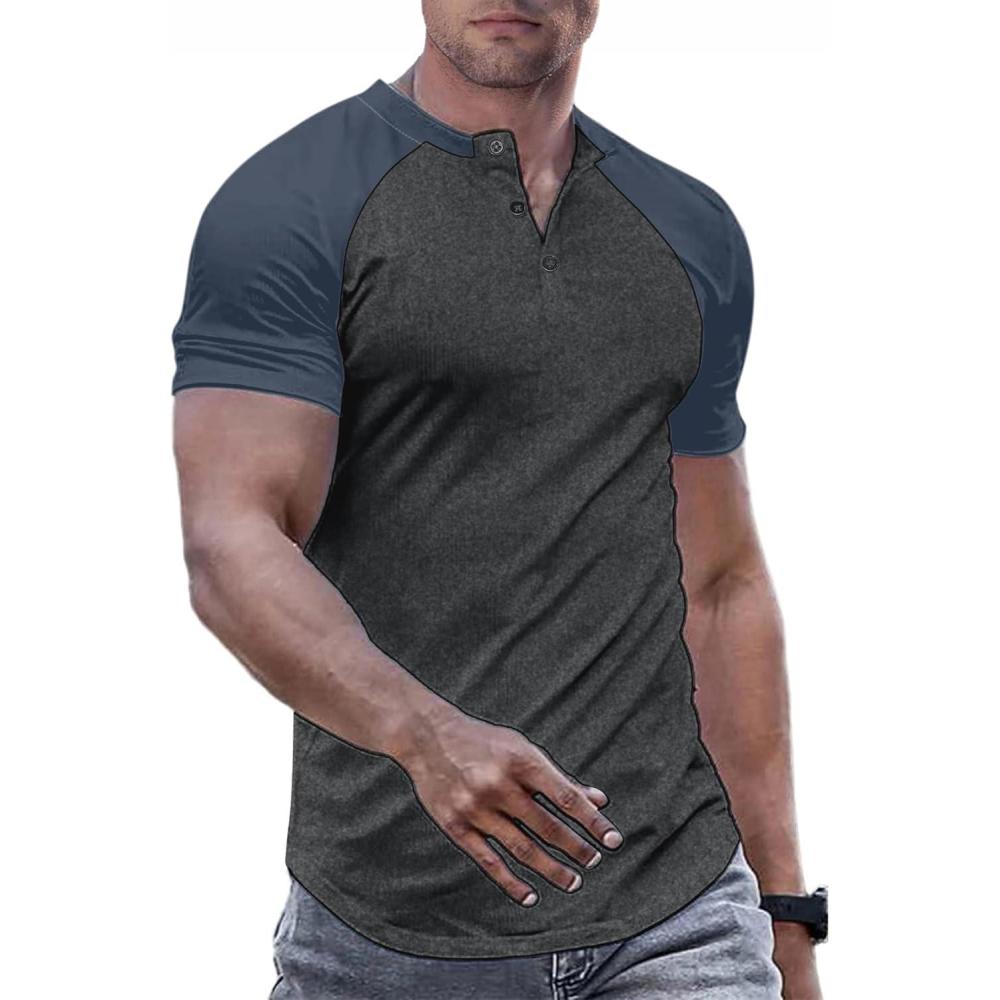 imageJMIERR Mens Muscle Slim Henley Shirts Crewneck Longline TShirt Gym Workout Athletic Shirt Tees with ButtonT Grey  Blue