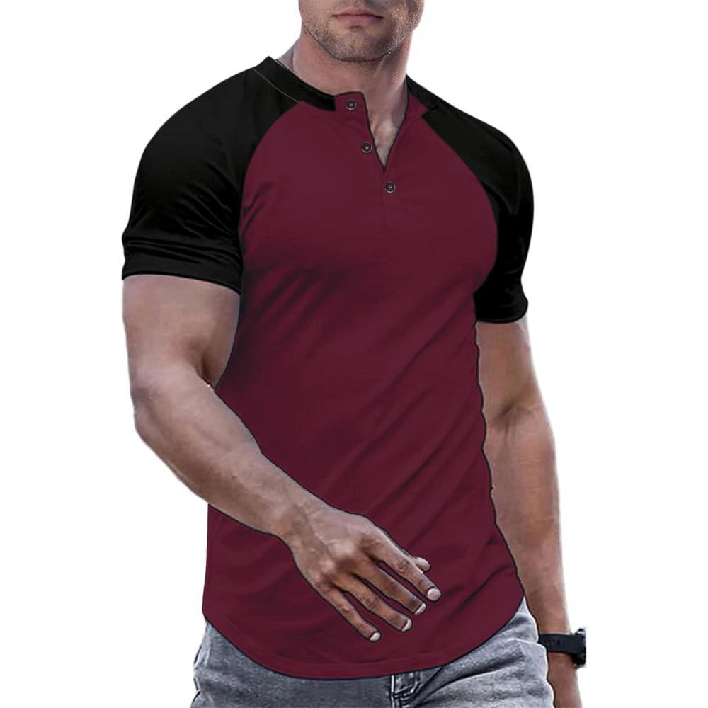 imageJMIERR Mens Muscle Slim Henley Shirts Crewneck Longline TShirt Gym Workout Athletic Shirt Tees with ButtonT Red  Black