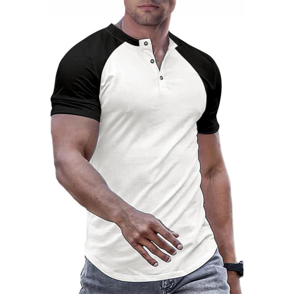 imageJMIERR Mens Muscle Slim Henley Shirts Crewneck Longline TShirt Gym Workout Athletic Shirt Tees with ButtonT White  Black