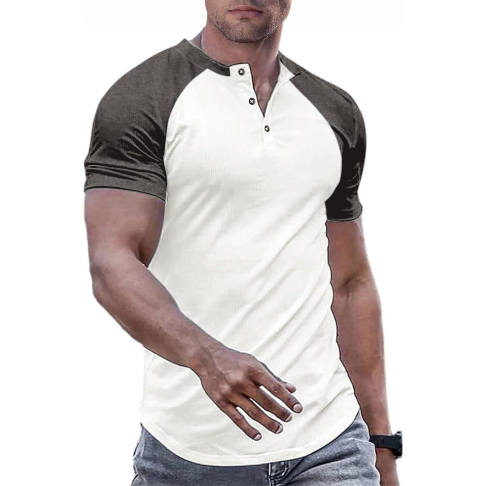 imageJMIERR Mens Muscle Slim Henley Shirts Crewneck Longline TShirt Gym Workout Athletic Shirt Tees with ButtonT White  Grey