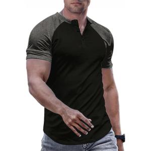 imageJMIERR Mens Muscle Slim Henley Shirts Crewneck Longline TShirt Gym Workout Athletic Shirt Tees with ButtonT Black  Grey