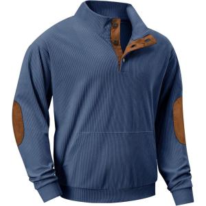 imageJMIERR Mens Warm Corduroy Sweatshirt Casual Stand Collar Quarter Fall Metal Button Pullover Sweaters Long Sleeve with PocketsB Teal Blue