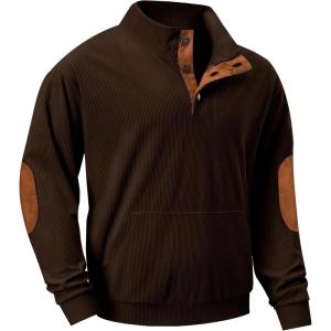 imageJMIERR Mens Warm Corduroy Sweatshirt Casual Stand Collar Quarter Fall Metal Button Pullover Sweaters Long Sleeve with PocketsC Dark Brown