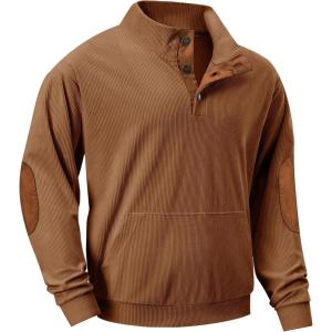 imageJMIERR Mens Warm Corduroy Sweatshirt Casual Stand Collar Quarter Fall Metal Button Pullover Sweaters Long Sleeve with PocketsF Chestnut Brown