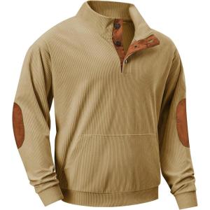 imageJMIERR Mens Warm Corduroy Sweatshirt Casual Stand Collar Quarter Fall Metal Button Pullover Sweaters Long Sleeve with PocketsF Light French Beige