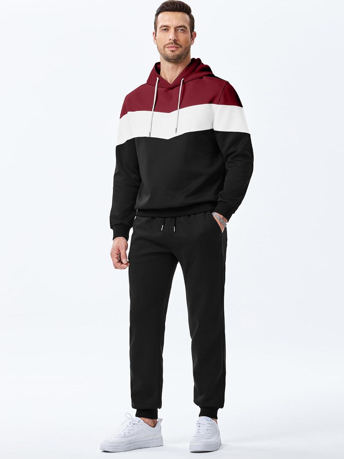 imageJMIERR Mens Hoodie Tracksuit 2 Pieces Set Novelty Color Block Pullover Fleece Hoodies Long Sleeve Casual SweatshirtBburgundy