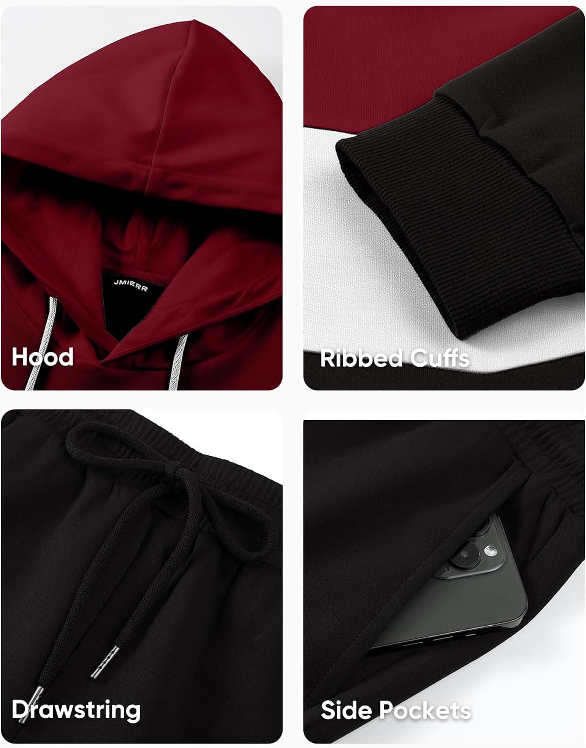 imageJMIERR Mens Hoodie Tracksuit 2 Pieces Set Novelty Color Block Pullover Fleece Hoodies Long Sleeve Casual SweatshirtBburgundy