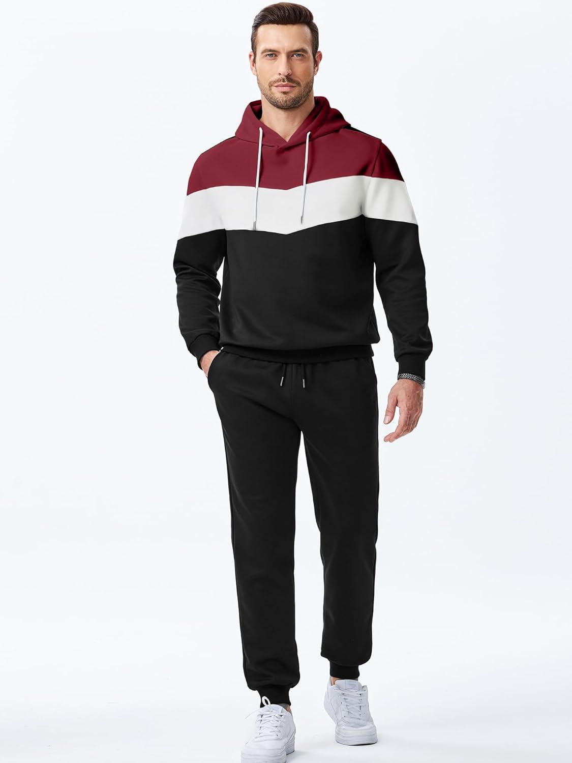 imageJMIERR Mens Hoodie Tracksuit 2 Pieces Set Novelty Color Block Pullover Fleece Hoodies Long Sleeve Casual SweatshirtBburgundy