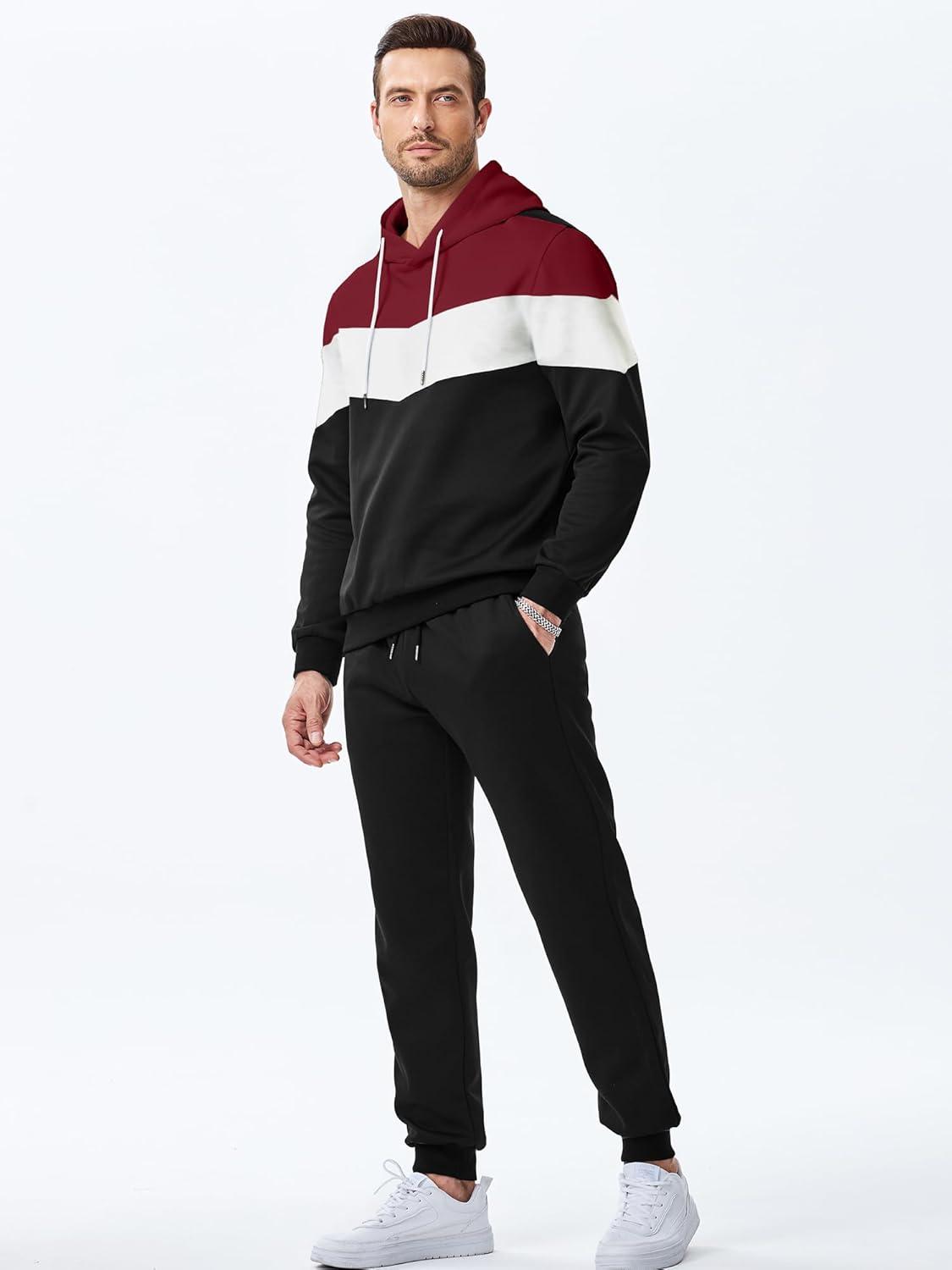 imageJMIERR Mens Hoodie Tracksuit 2 Pieces Set Novelty Color Block Pullover Fleece Hoodies Long Sleeve Casual SweatshirtBburgundy