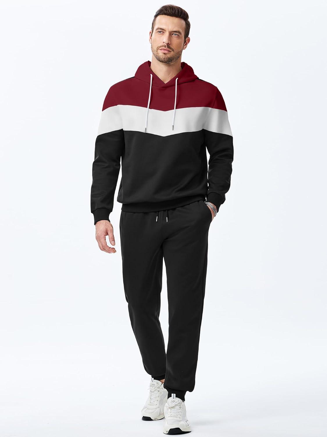 imageJMIERR Mens Hoodie Tracksuit 2 Pieces Set Novelty Color Block Pullover Fleece Hoodies Long Sleeve Casual SweatshirtBburgundy