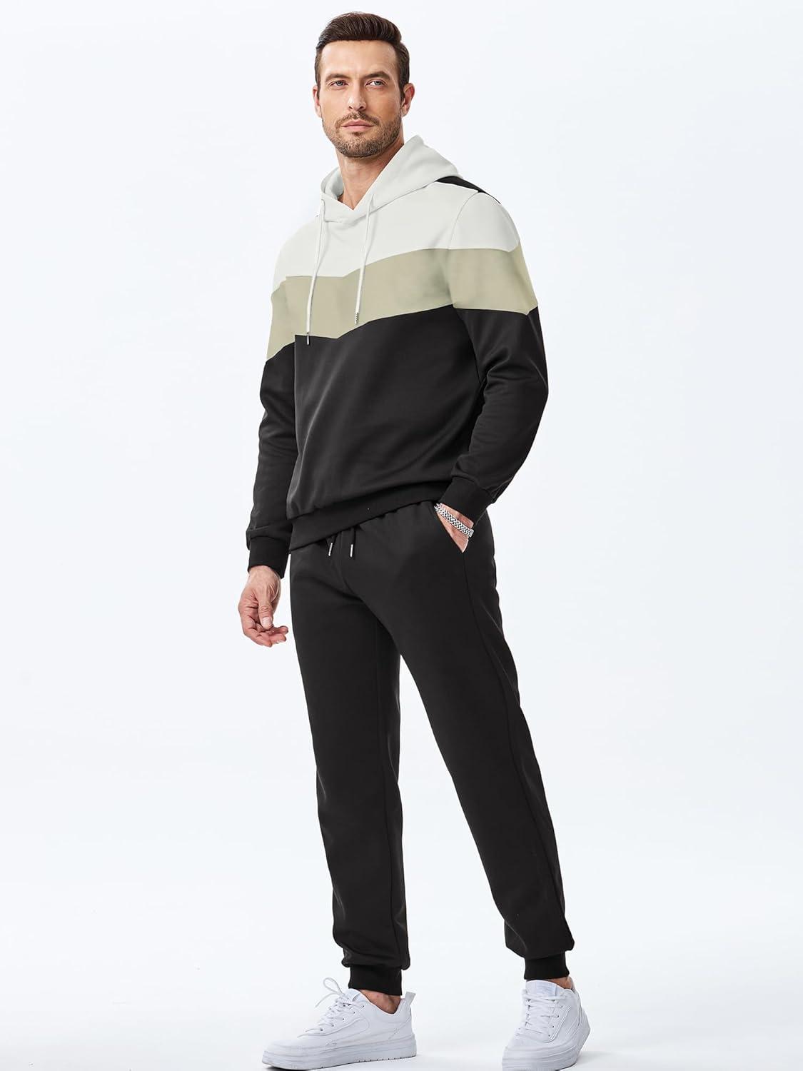 imageJMIERR Mens Hoodie Tracksuit 2 Pieces Set Novelty Color Block Pullover Fleece Hoodies Long Sleeve Casual SweatshirtBlack