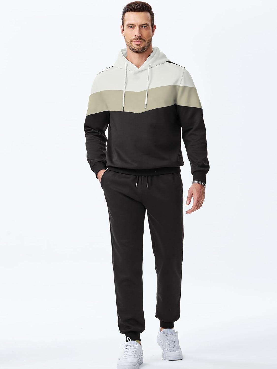imageJMIERR Mens Hoodie Tracksuit 2 Pieces Set Novelty Color Block Pullover Fleece Hoodies Long Sleeve Casual SweatshirtBlack