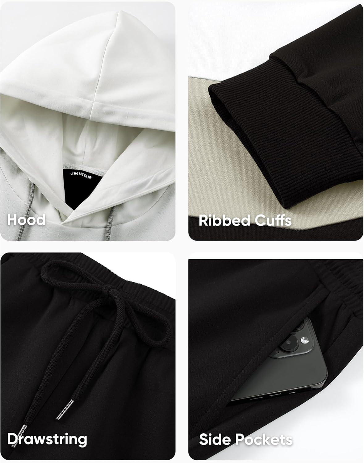 imageJMIERR Mens Hoodie Tracksuit 2 Pieces Set Novelty Color Block Pullover Fleece Hoodies Long Sleeve Casual SweatshirtBlack