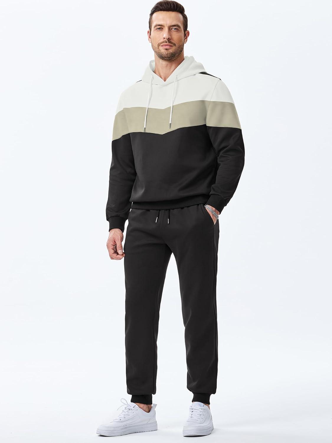imageJMIERR Mens Hoodie Tracksuit 2 Pieces Set Novelty Color Block Pullover Fleece Hoodies Long Sleeve Casual SweatshirtBlack